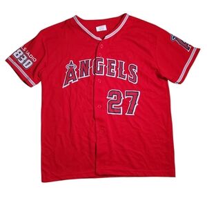 Angels Mike Trout Kids Button-Front Baseball Jersey Top - Red